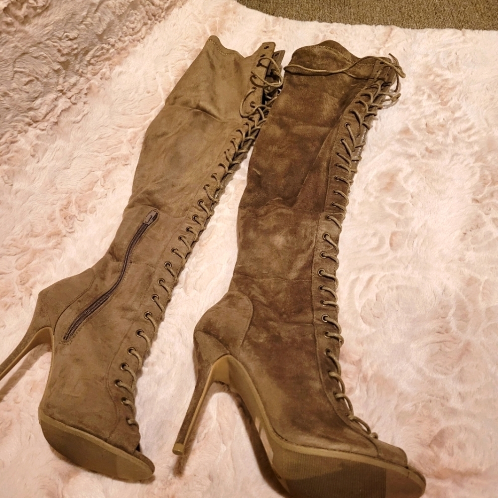 Over-the-Knee Lace-Up High Heel Boots in Taupe